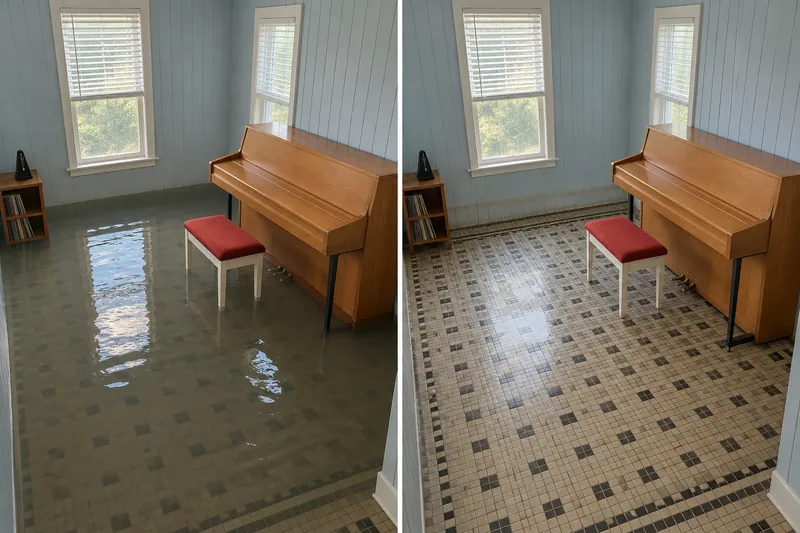 Water Extraction Near Pickrell Park — paired room views before and after water pickup