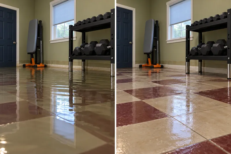 Water Extraction in Schertz, TX — standing water and the same floor after water pickup